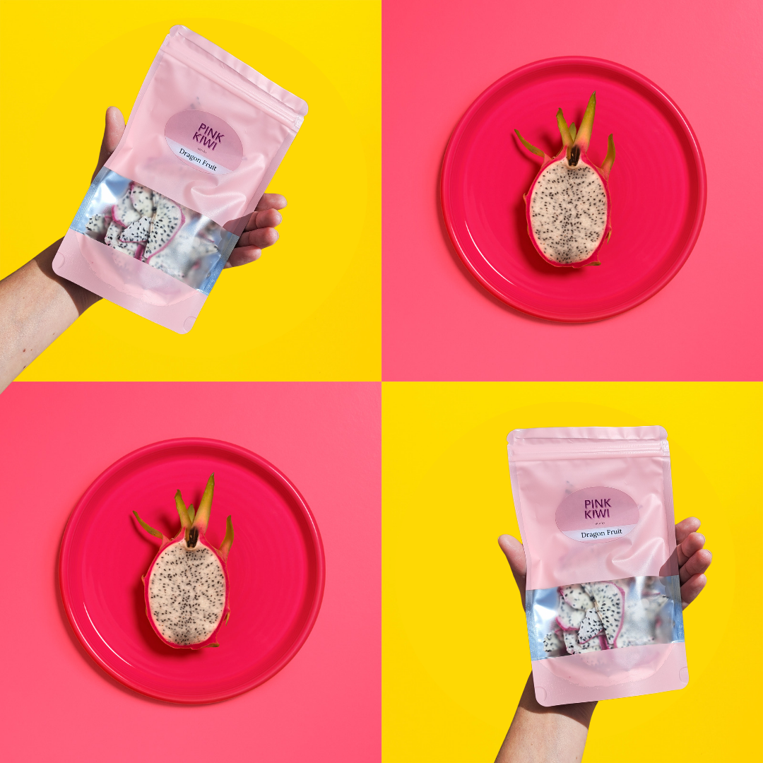 A colorful four-quadrant image featuring Pink Kiwi Snacks dried white dragon fruit. Two quadrants show the pink snack pouch held in hand on a yellow background, while the other two display fresh white-fleshed dragon fruit halves styled as bugs on pink plates over a pink background.