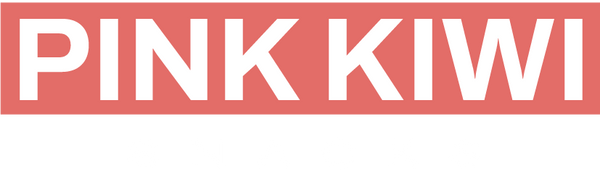 Pink Kiwi Snacks official logo in bold white text on a pink and black background, representing the brand's identity.