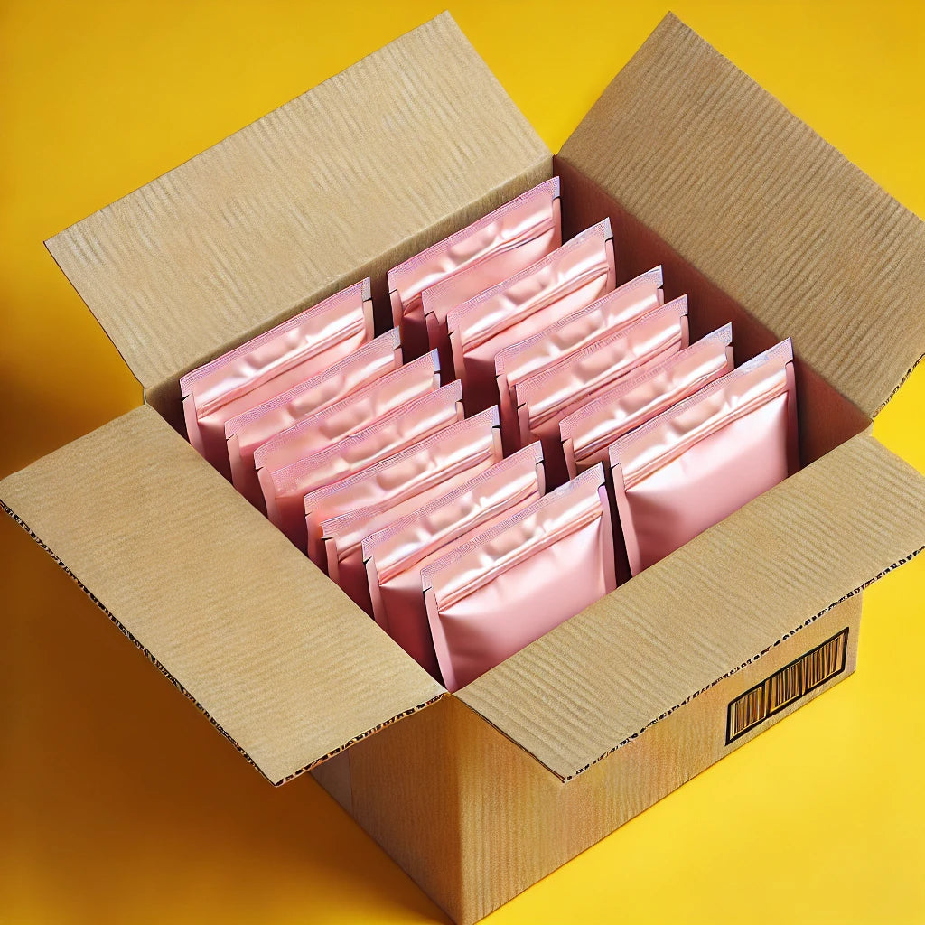 Cardboard box filled with individually packed Pink Kiwi dried fruit snacks — ideal for mystery boxes, subscription gifts, and curated healthy snack bundles.