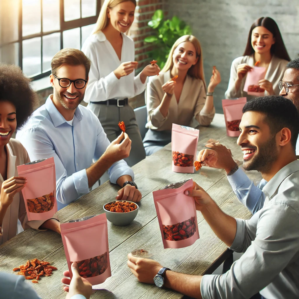 Group of colleagues sharing Pink Kiwi dried fruit snacks at a modern office table — perfect for healthy office snacks, team events, and corporate wellness programs.
